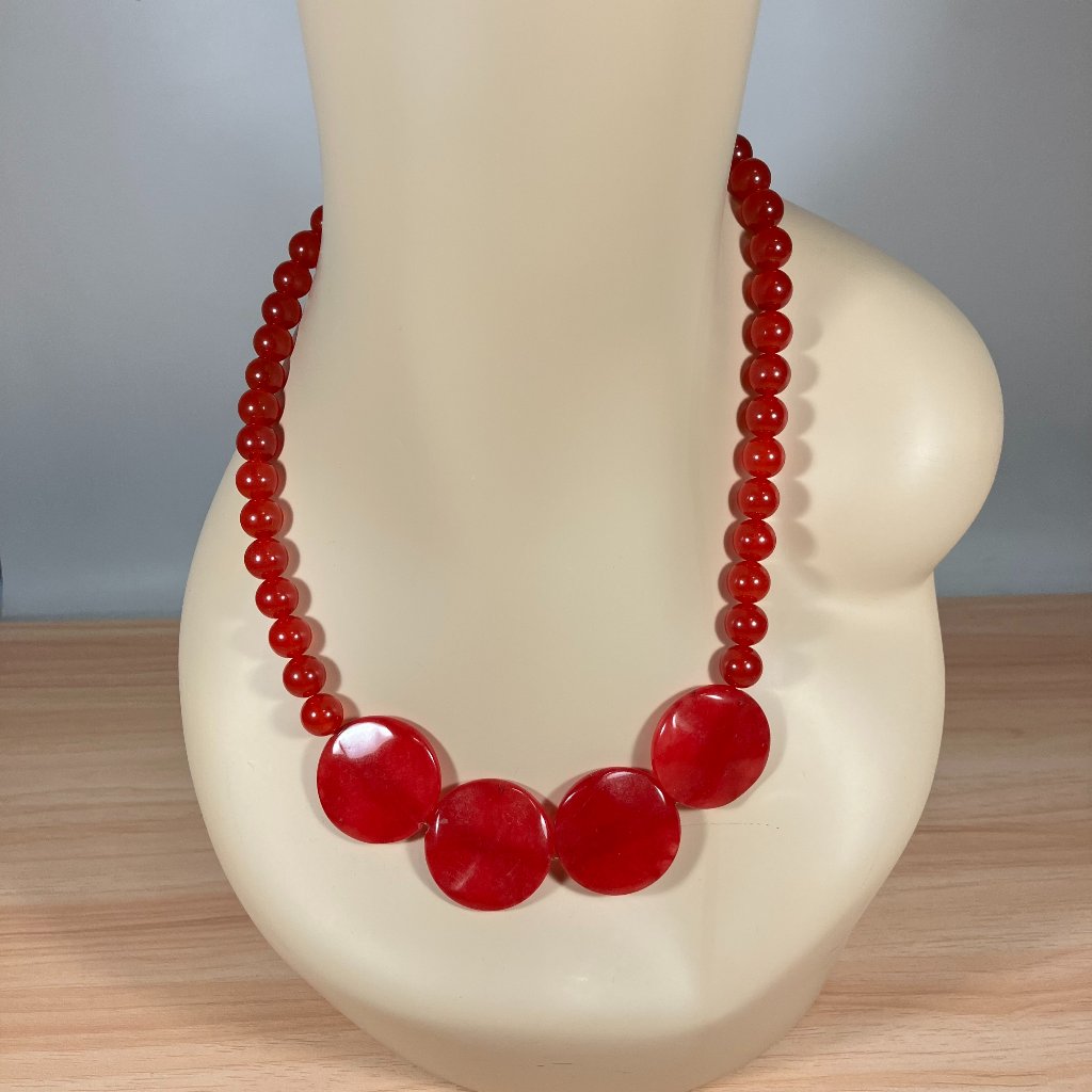 Handcrafted Red Jade Wavy Coin Disc Pendant Necklace (19-1/2